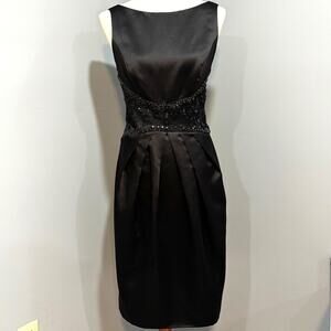 Vintage Black Satin Beaded Waist Midi Cocktail Dress Dusk by Sheila Yen  Size 6